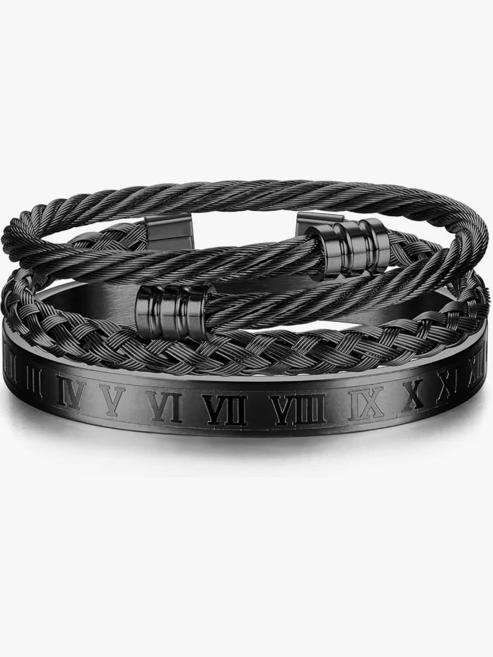Men's Black Roman Numeral & Braided Cuff Bracelet Set
